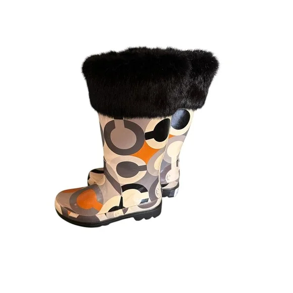 Coach Peony Pull On Rain Boots‎ Size 6 Style A7340 Signature C Logo Brand New - Picture 3 of 5